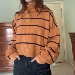 Free People Tan and Purple Striped Turtleneck Sweater